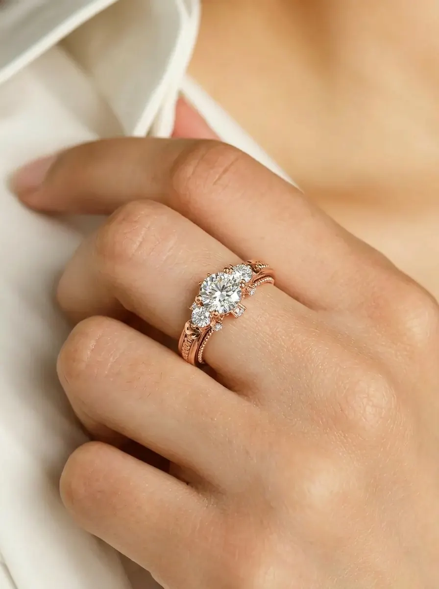 Imagen de rose oro redondo diamante compromiso anillo como referencia visual de anillo.